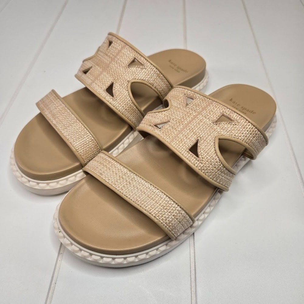 Kate Spade New York Duo Sport Sandal Slide Tan Raffia‎ Women's Size 7.5 B KL841